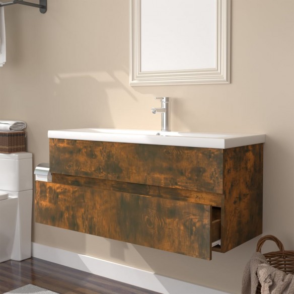 Meuble lavabo avec bassin intégré Chêne fumé Bois d'ingénierie