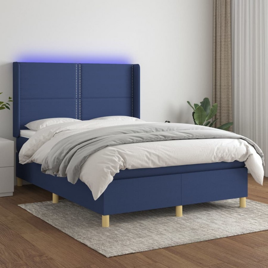 Sommier à lattes de lit matelas et LED Bleu 140x190 cm Tissu