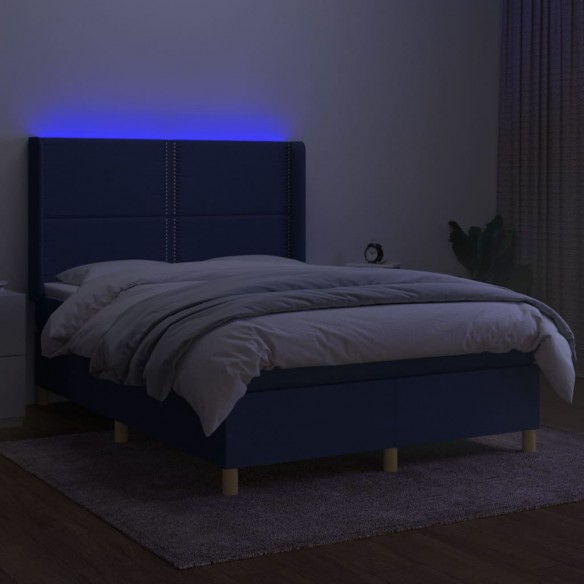 Sommier à lattes de lit matelas et LED Bleu 140x190 cm Tissu