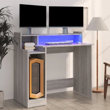 Bureau et lumières LED Sonoma gris 97x45x90cm