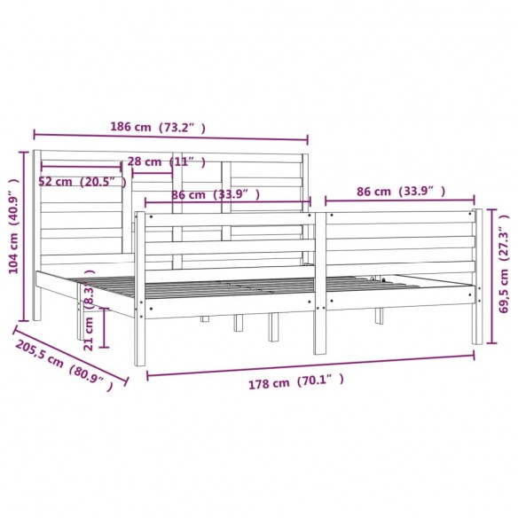 Cadre de lit Blanc Bois massif 180x200 cm Super King