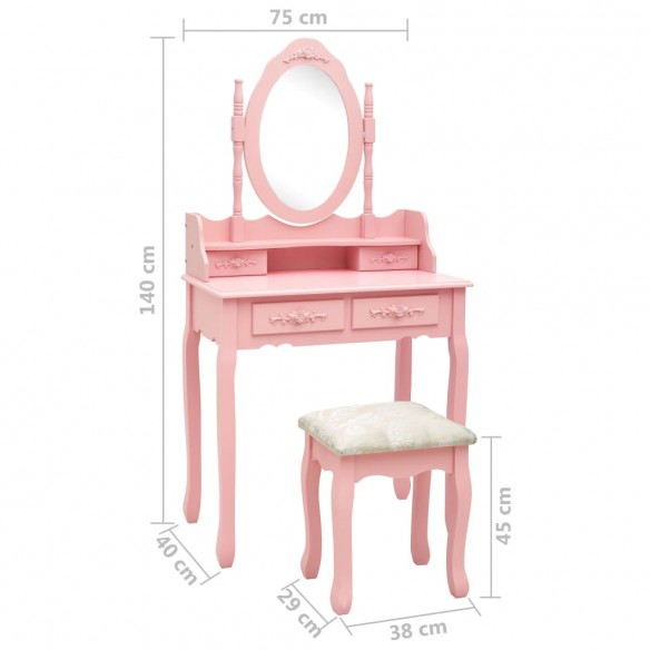 Ensemble de coiffeuse avec tabouret Rose 75x69x140 cm Paulownia