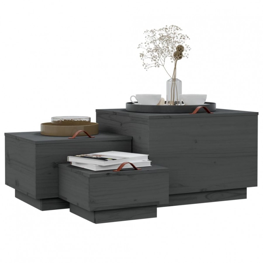 Boîtes de rangement et couvercles 3 pcs Gris Bois massif de pin