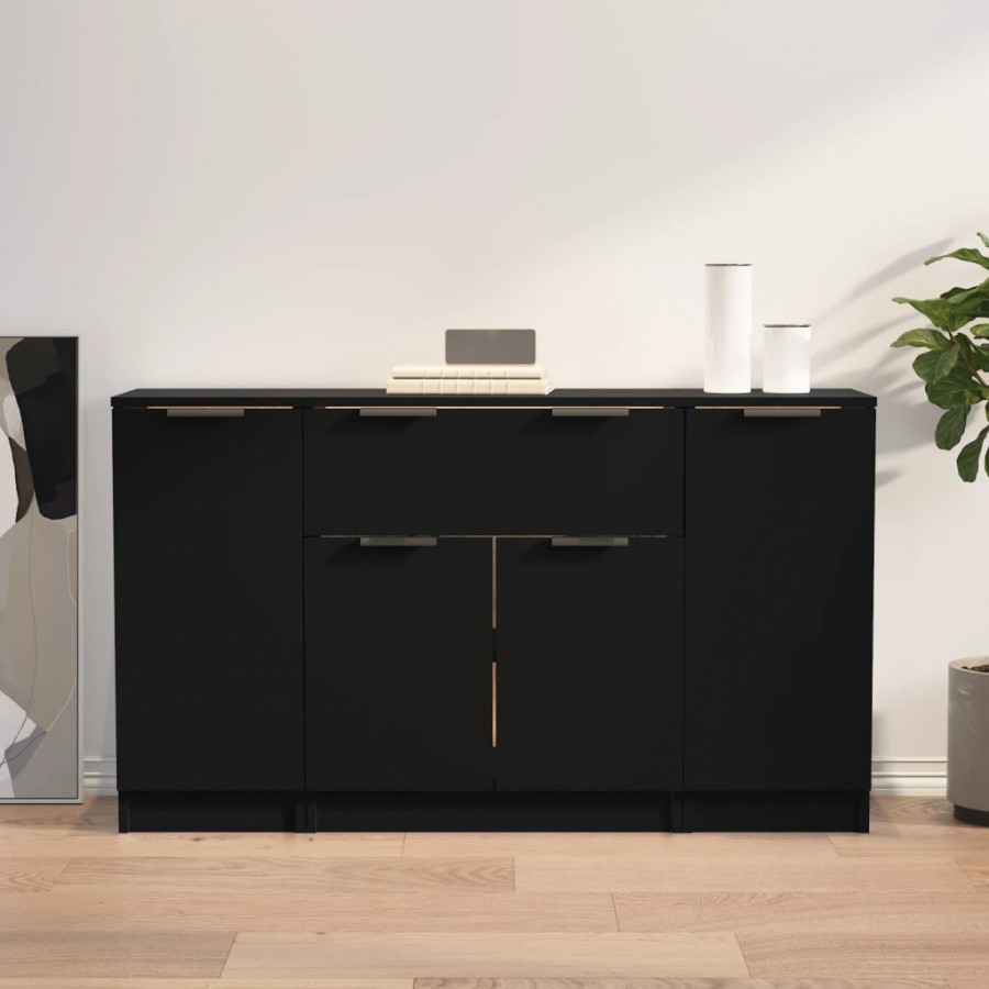 Buffets 3 pcs noir bois d'ingénierie