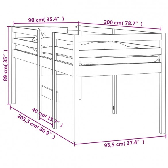 Lit haut 90x200 cm Bois de pin massif