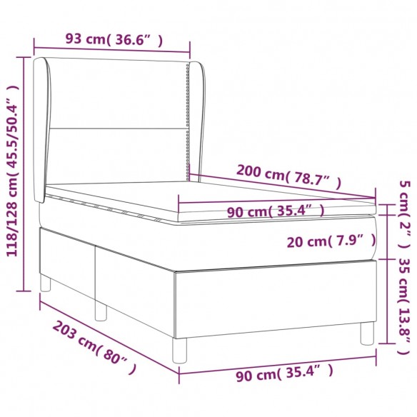 Cadre de lit avec matelas Gris clair 90x200 cm Tissu