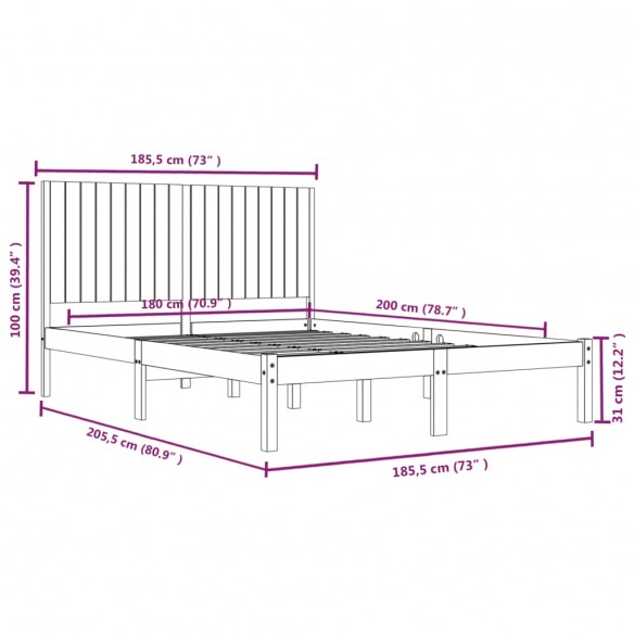 Cadre de lit Noir Bois massif 180x200 cm Super King