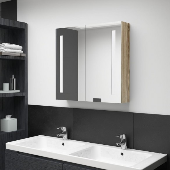 Armoire de salle de bain à miroir LED Chêne 62x14x60 cm