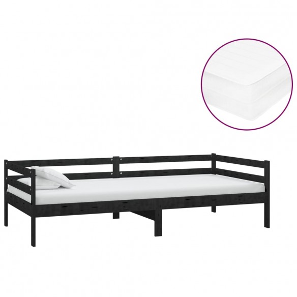 Lit de repos avec matelas 90x200 cm Noir Bois de pin massif