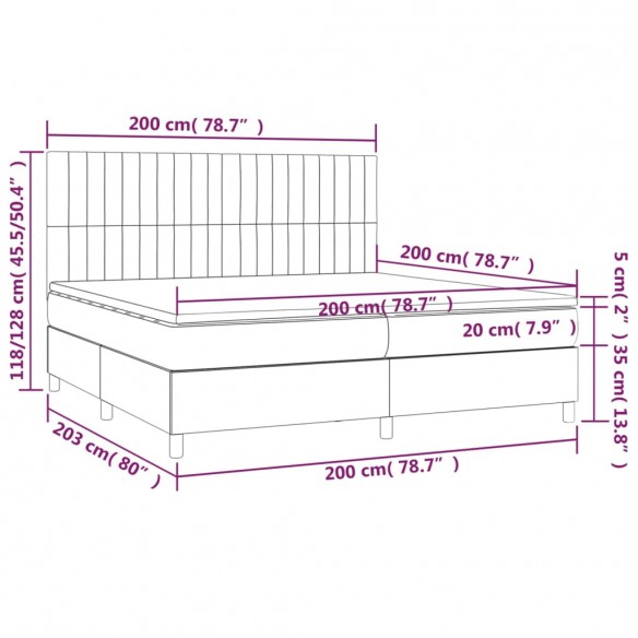 Cadre de lit et matelas et LED Gris foncé 200x200 cm