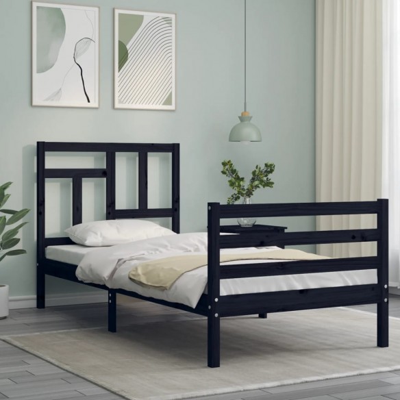 Cadre de lit avec tête de lit noir 90x200 cm bois massif