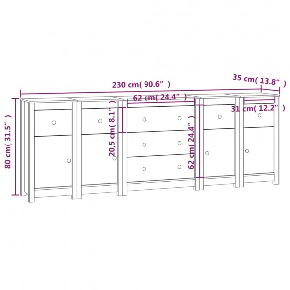 Buffet Noir 230x35x80 cm Bois massif de pin