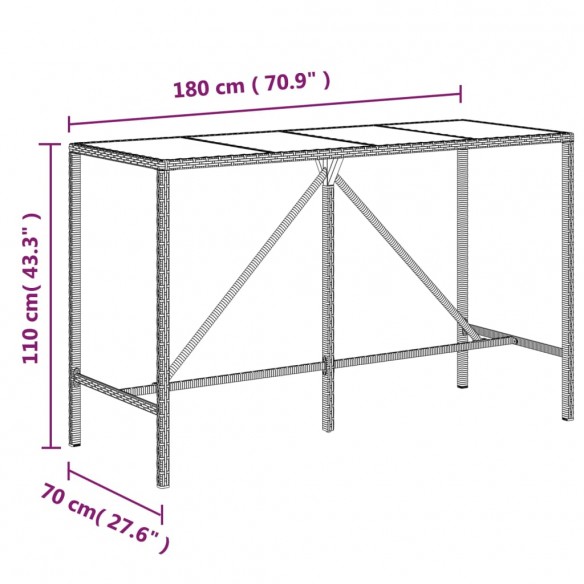 Table de bar et dessus en verre marron 180x70x110 cm poly rotin