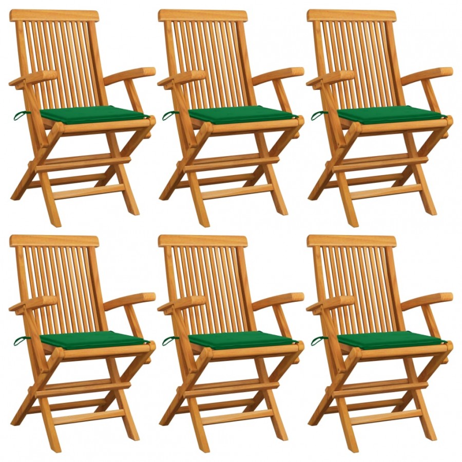 Chaises de jardin avec coussins vert 6 pcs Bois de teck massif