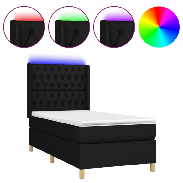 Sommier à lattes de lit matelas et LED Noir 100x200 cm Tissu