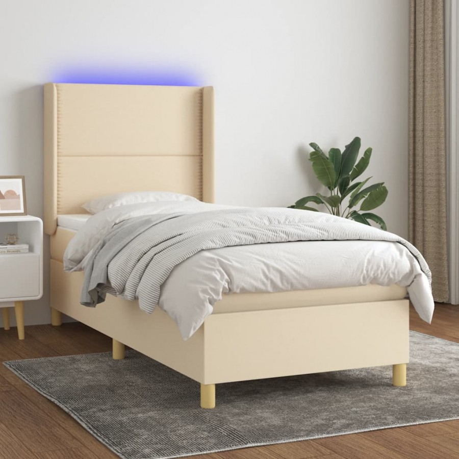 Sommier à lattes de lit matelas et LED Crème 90x190 cm Tissu