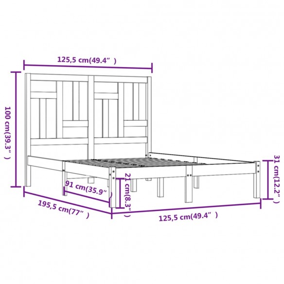 Cadre de lit Marron miel Bois massif 120x190 cm Petit Double