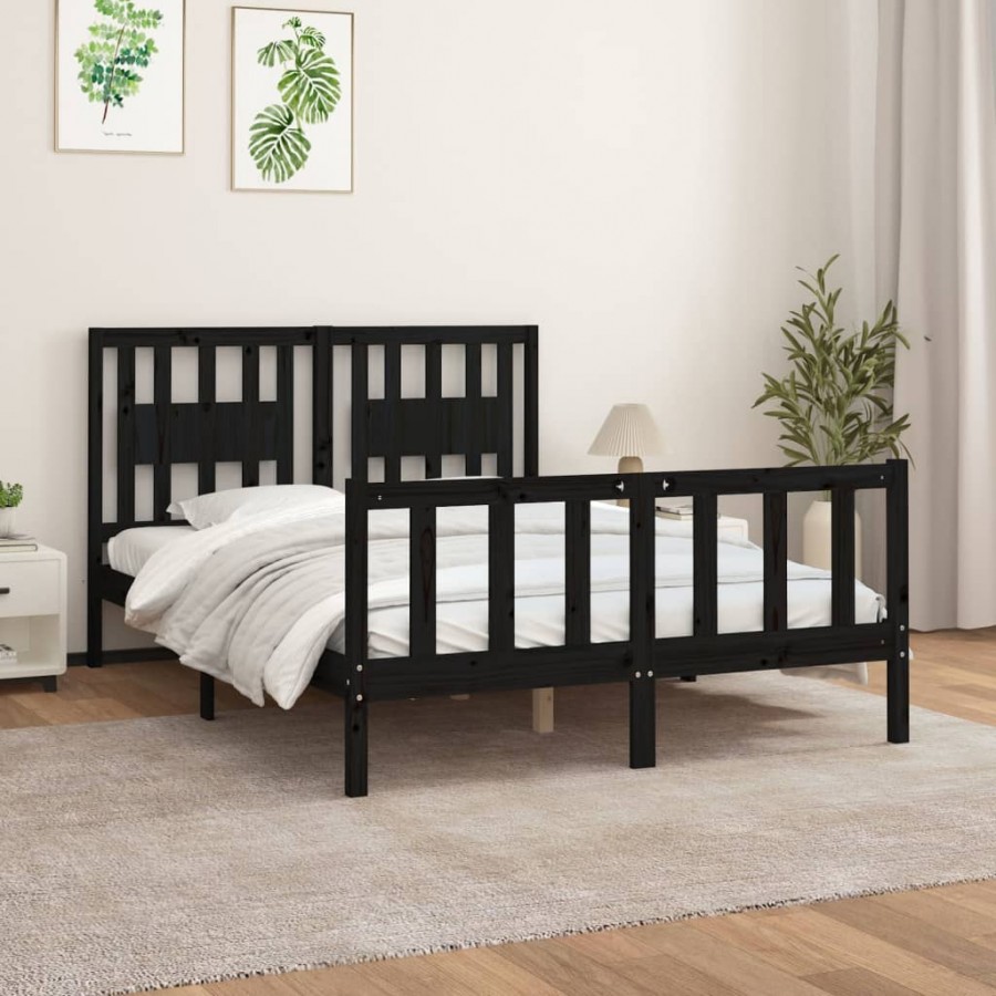 Cadre de lit avec tête de lit noir bois pin massif 120x200 cm
