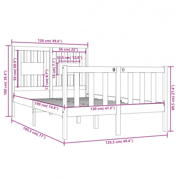 Cadre de lit bois massif 120x190 cm petit double