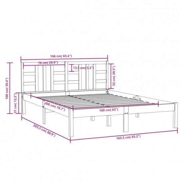 Cadre de lit Gris Bois massif 160x200 cm