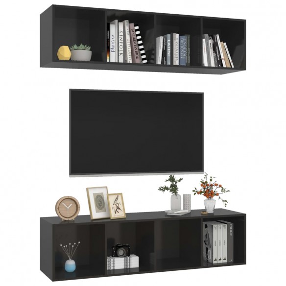 Meubles TV muraux 2 pcs Noir brillant Aggloméré