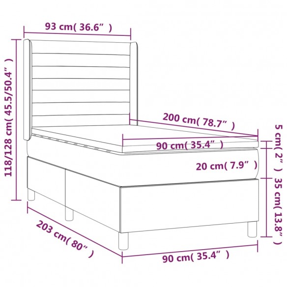 Sommier à lattes de lit et matelas et LED Gris foncé 90x200cm