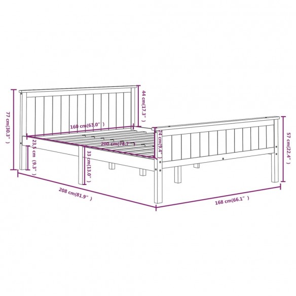 Cadre de lit Marron foncé Bois de pin massif 160x200 cm