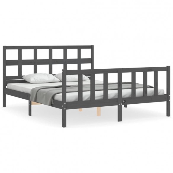 Cadre de lit avec tête de lit gris King Size bois massif