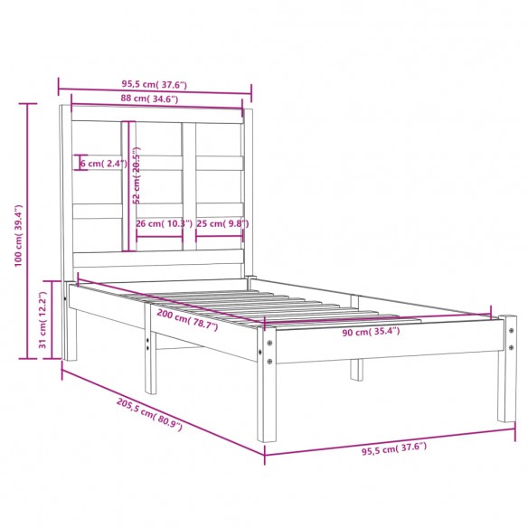 Cadre de lit Gris Bois massif 90x200 cm