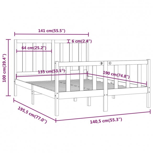 Cadre de lit Gris Bois massif 135x190 cm Double