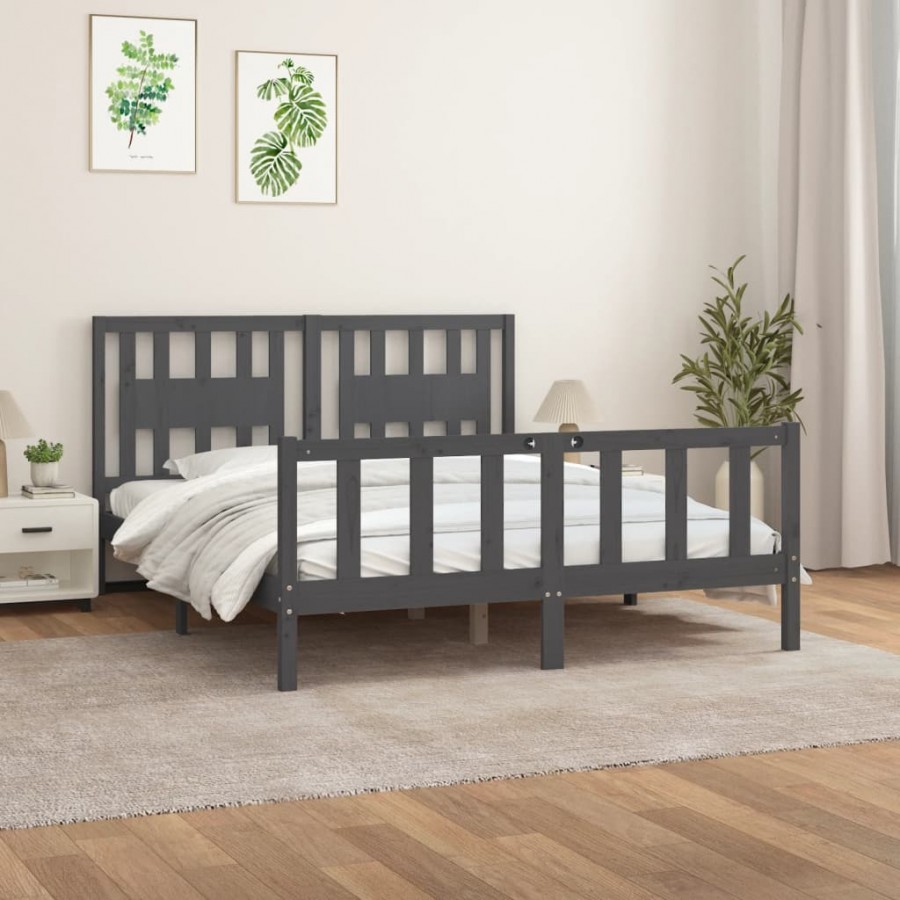 Cadre de lit et tête de lit gris bois de pin massif 150x200 cm