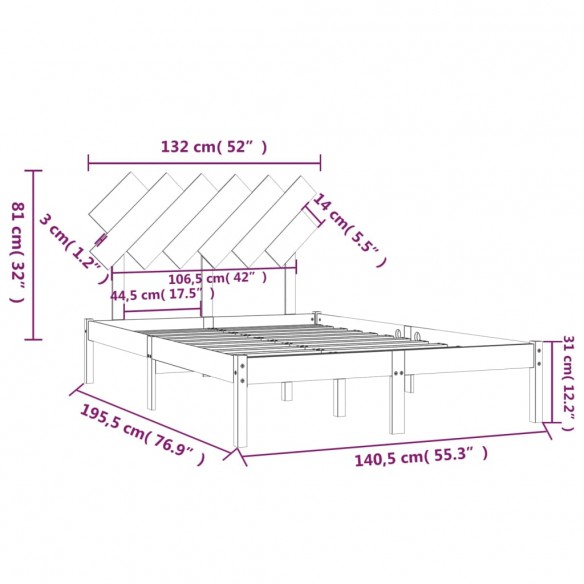 Cadre de lit Gris 135x190 cm Double Bois massif