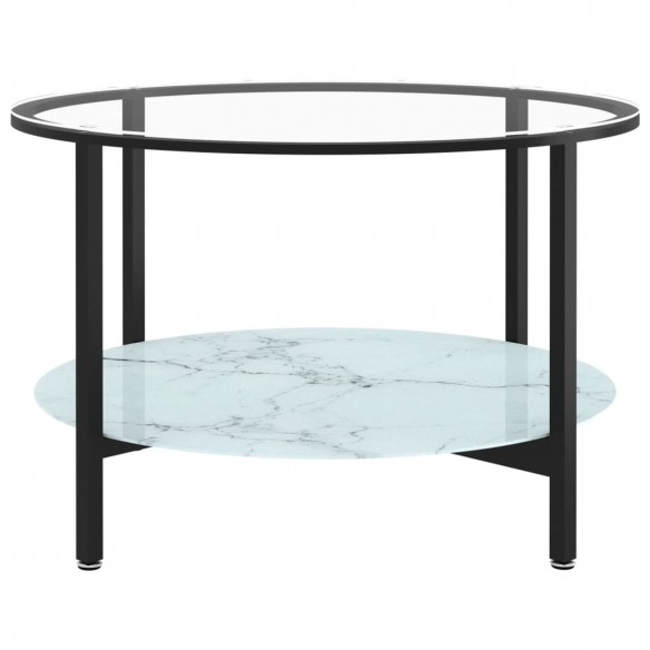 Table à thé Noir et marbre blanc 70 cm Verre trempé
