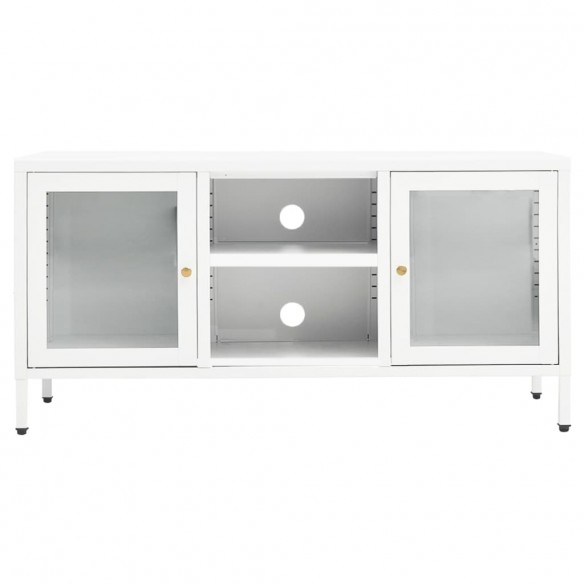 Meuble TV Blanc 105x35x52 cm Acier et verre