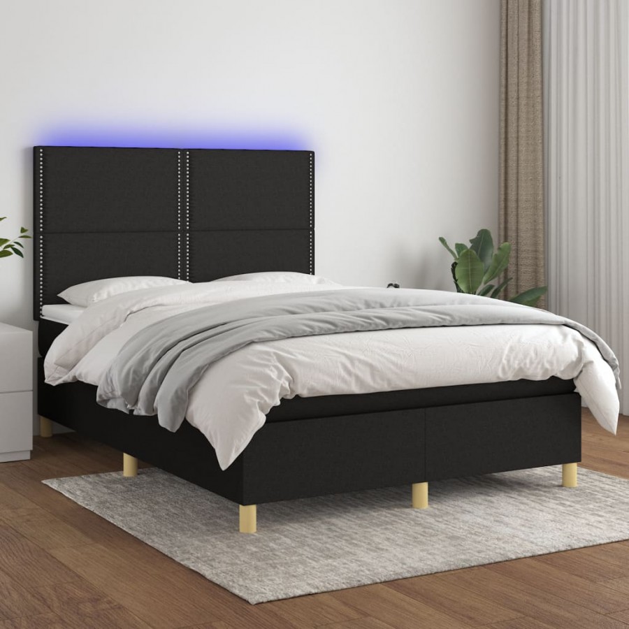 Sommier à lattes de lit et matelas et LED Noir 140x190 cm Tissu