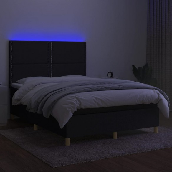 Sommier à lattes de lit et matelas et LED Noir 140x190 cm Tissu