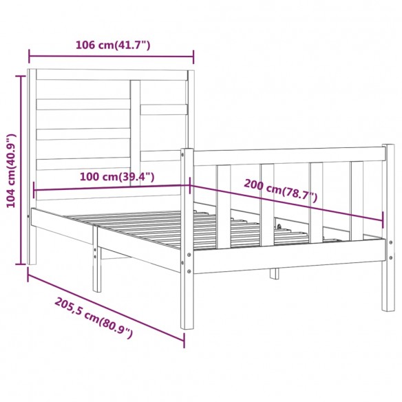 Cadre de lit Gris Bois de pin massif 100x200 cm