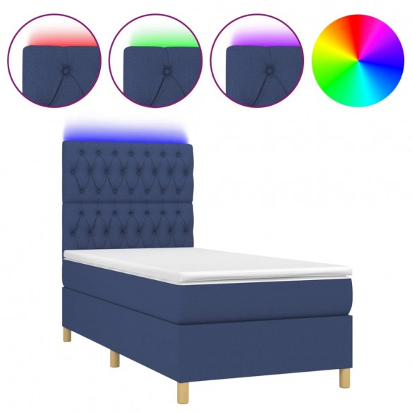 Sommier à lattes de lit et matelas et LED Bleu 80x200cm Tissu
