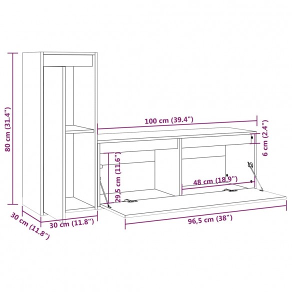 Meubles TV 2 pcs Noir Bois massif de pin