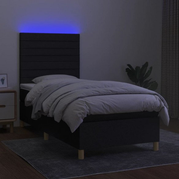Sommier à lattes de lit et matelas et LED Noir 100x200 cm Tissu