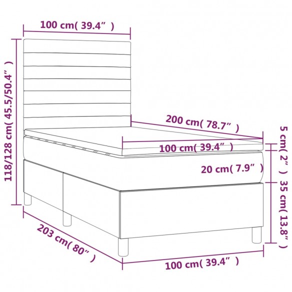 Sommier à lattes de lit et matelas et LED Noir 100x200 cm Tissu