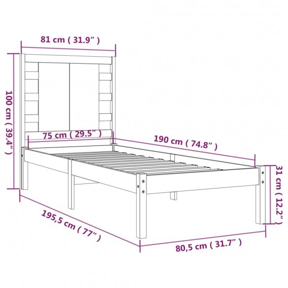 Cadre de lit Noir Bois massif 75x190 cm Petit simple