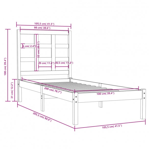 Cadre de lit Gris Bois massif 100x200 cm