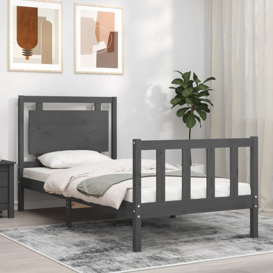 Cadre de lit avec tête de lit gris 90x190 cm bois massif
