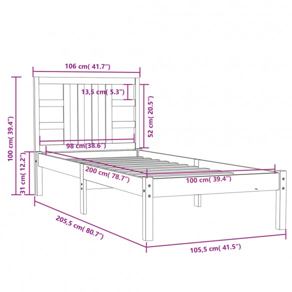 Cadre de lit Marron miel Bois massif 100x200 cm