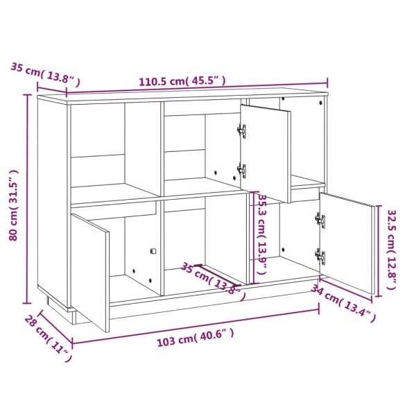 Buffet Gris 110,5x35x80 cm Bois massif de pin