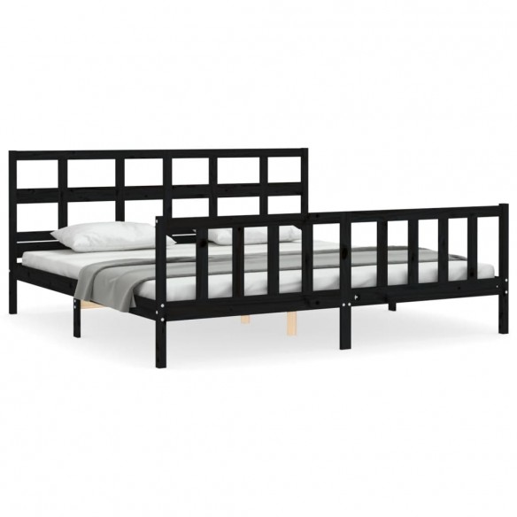 Cadre de lit avec tête de lit noir Super King bois massif