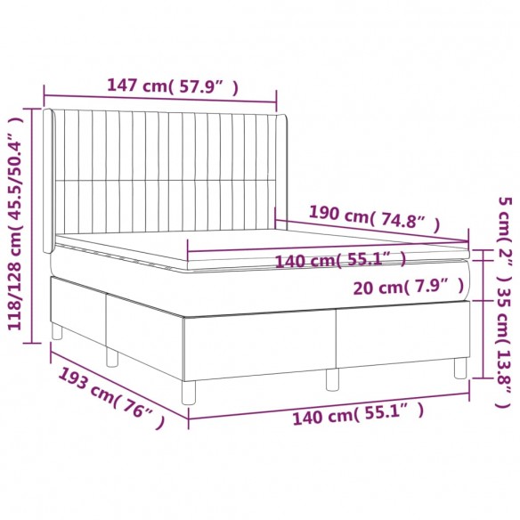 Cadre de lit matelas et LED Marron foncé 140x190 cm