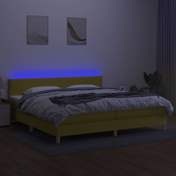 Sommier à lattes de lit et matelas et LED Vert 200x200 cm Tissu