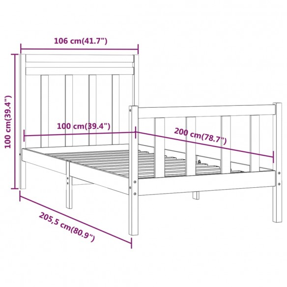 Cadre de lit Blanc Bois de pin massif 100x200 cm